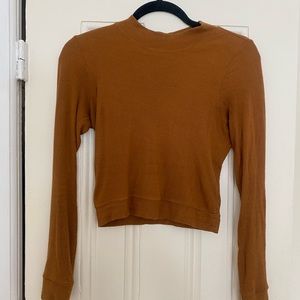 caramel colored mock neck long sleeve shirt, one size fits all, fits like a s/m